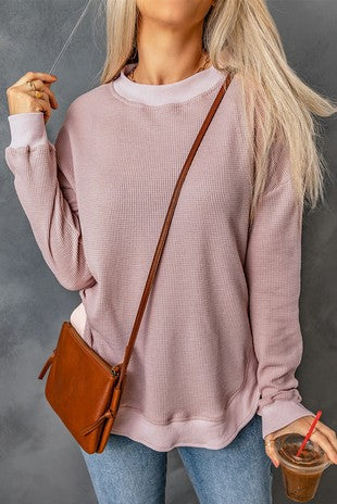 Ribbed Trim Waffle Knit crew neck Top