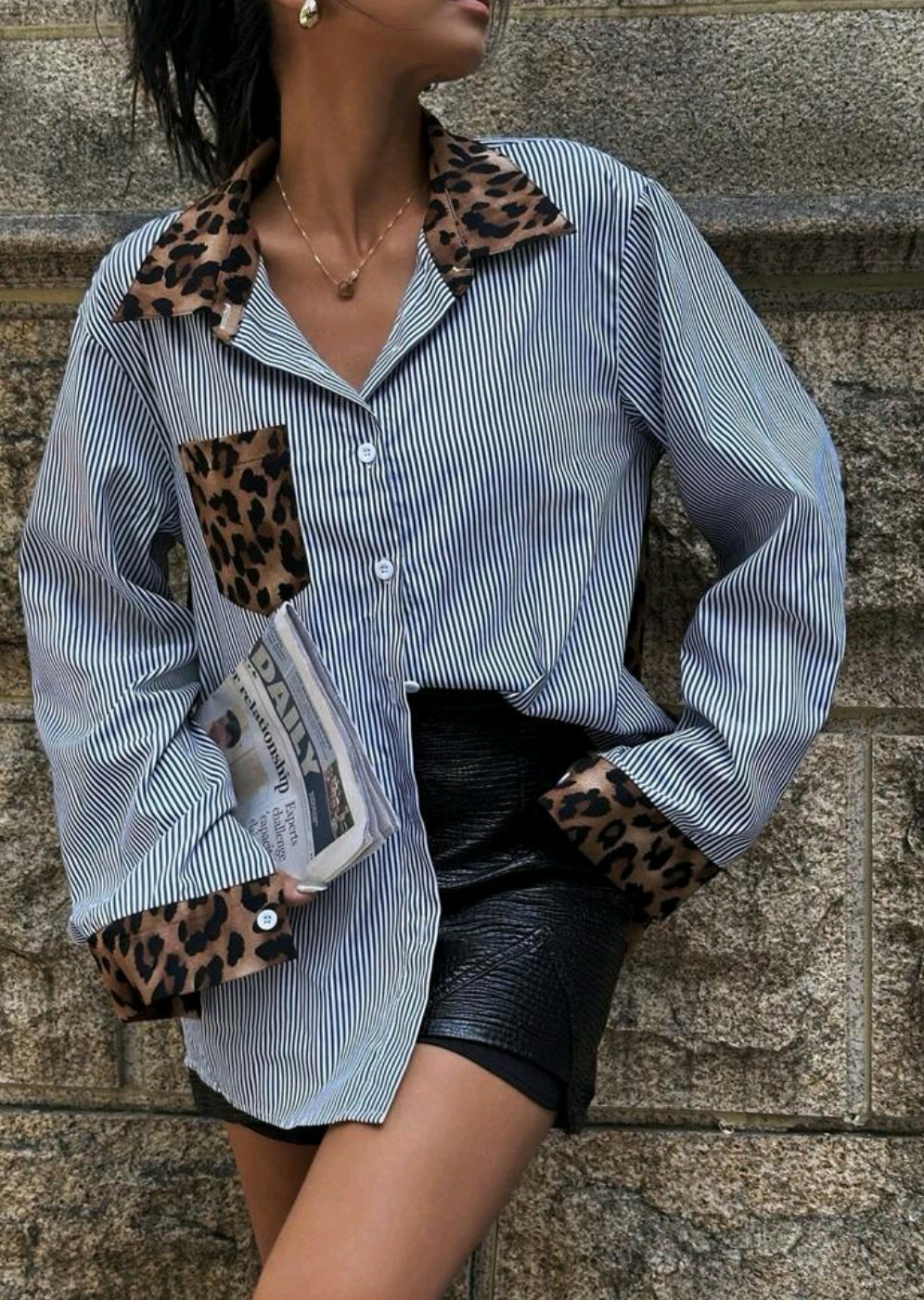Stripe leopard block shirt