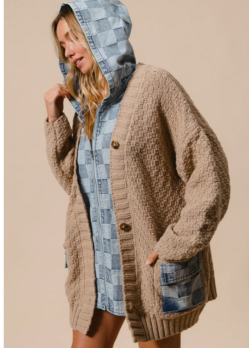 Washed checker denim zip up sweater cardigan