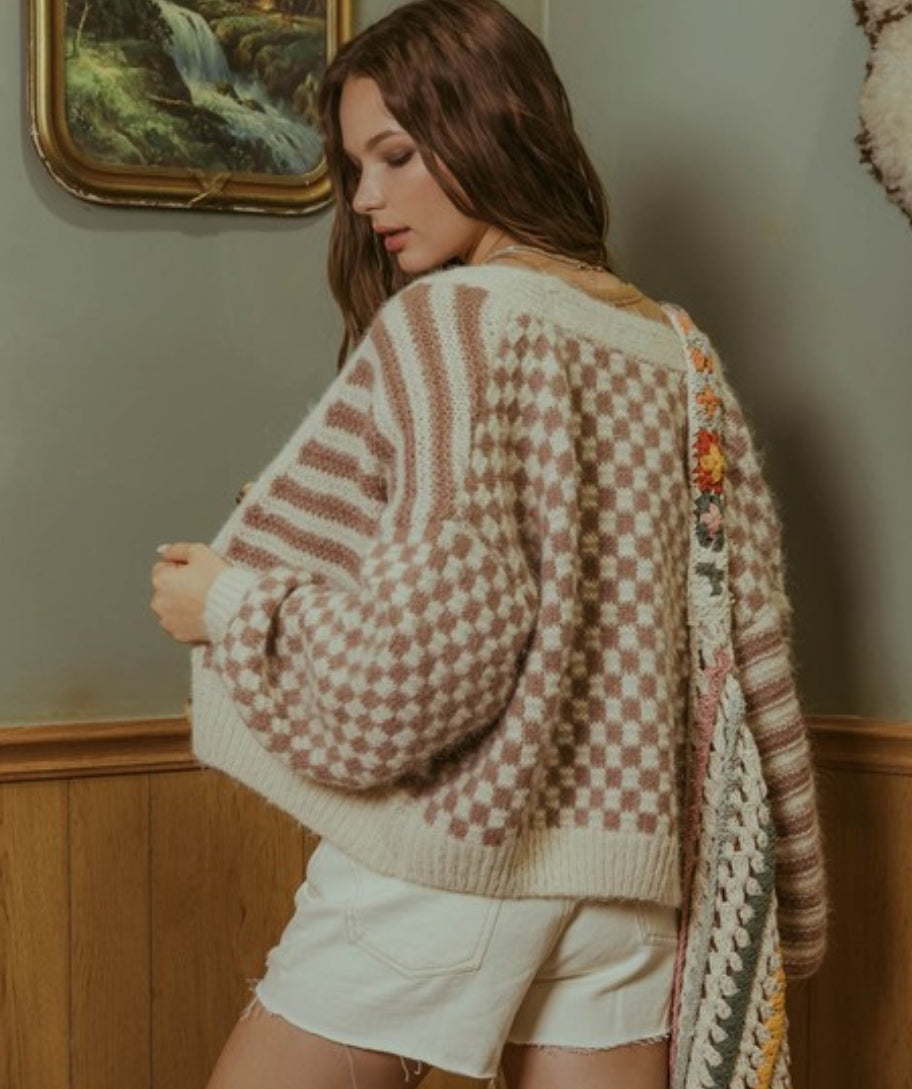 Checkered/striped cropped cardigan