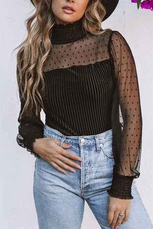 Sheer Dotty Long Sleeve Ribbed Velvet Bodysuit