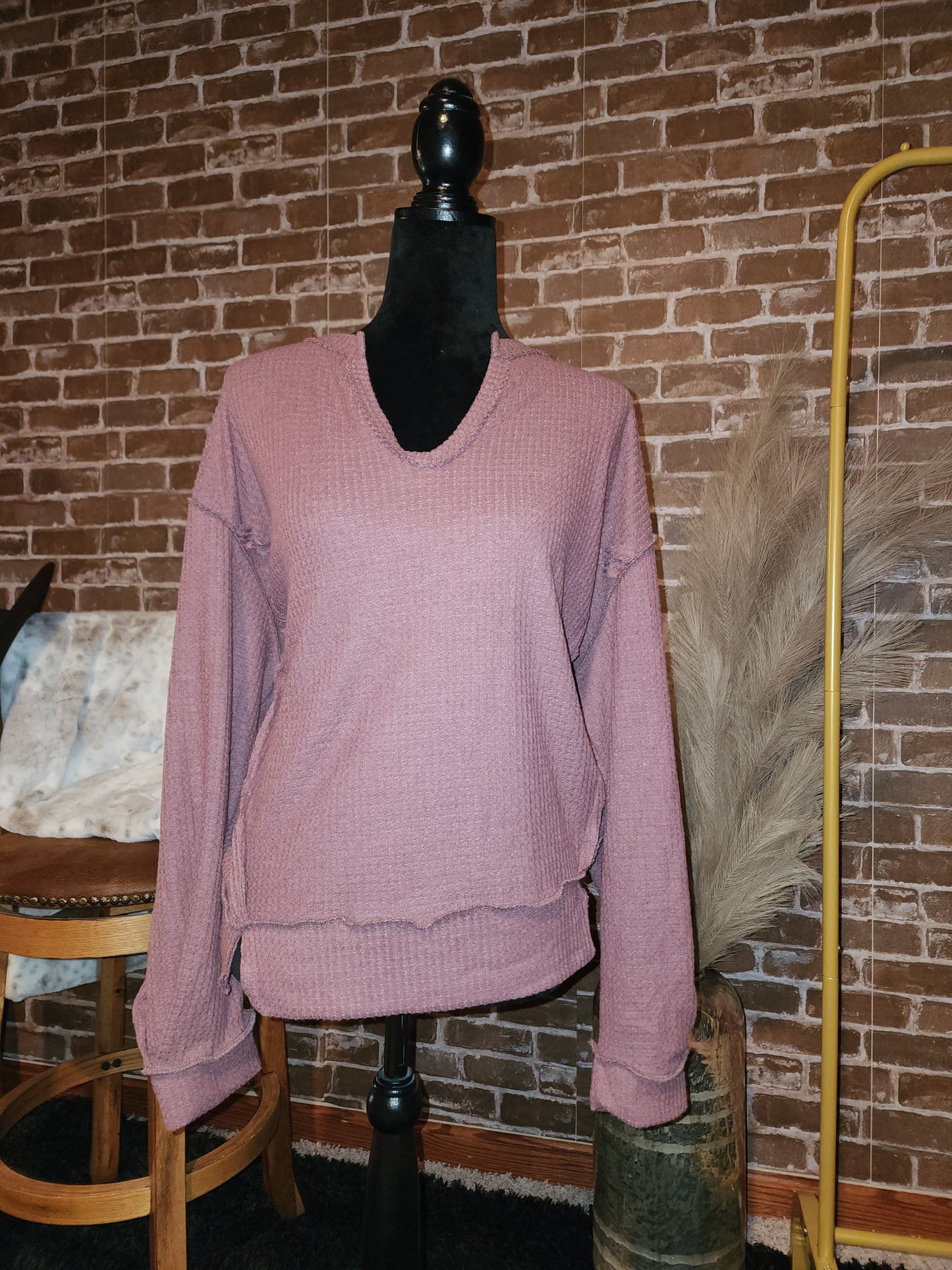 Waffle V neck top