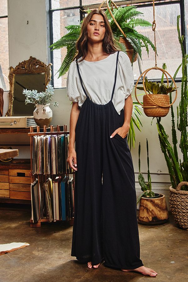 Wide legged suspender jumpsuit