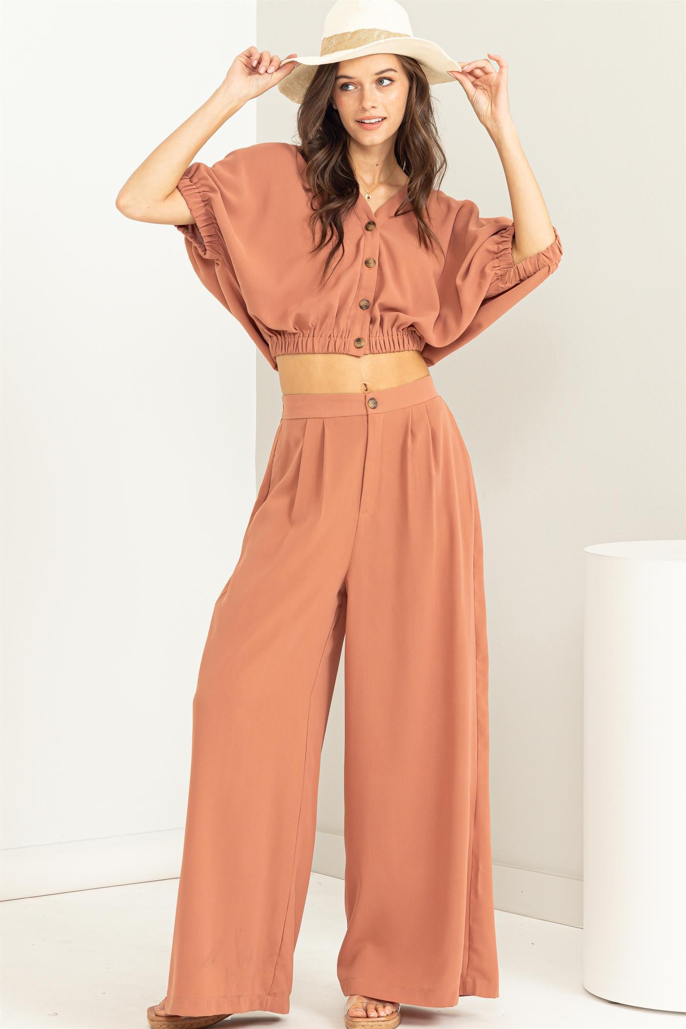 BUTTON-FRONT TOP AND WIDE PANTS SET