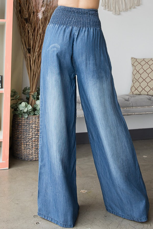 Washed elastic band wide leg pants