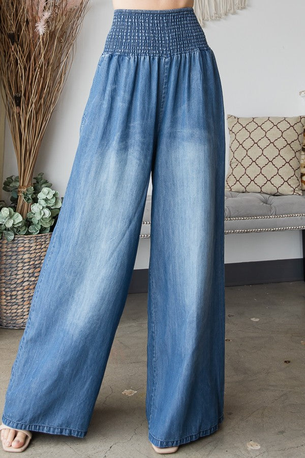 Washed elastic band wide leg pants