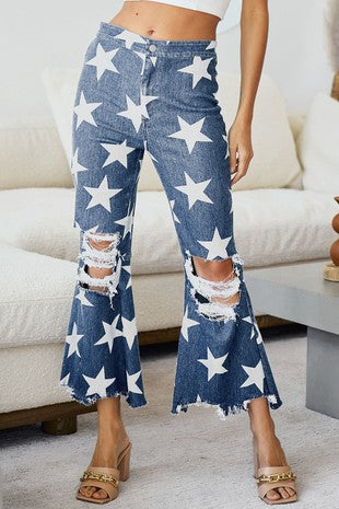 AMERICAN DISTRESSED DETAIL STAR PRINT FLARE JEANS
