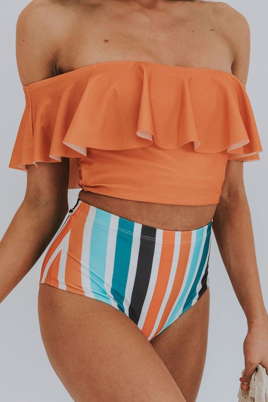 2 Piece Ruffled Top and Striped High waisted swimsuit