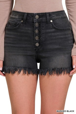 FRAYED HEM BUTTON FLY WASHED BLACK SHORTS