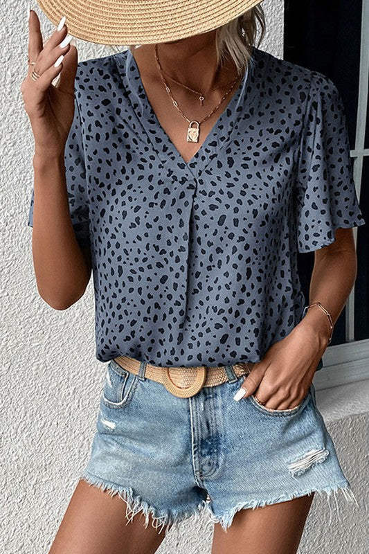 V-Neck Ruffled Leopard Print Short-Sleeve