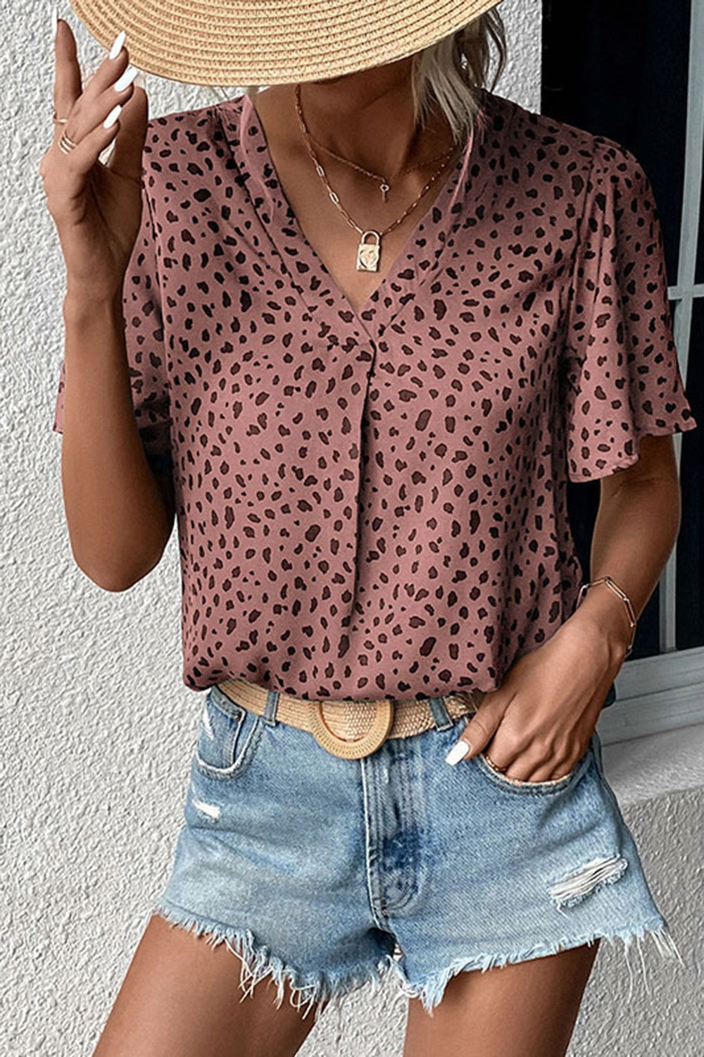 V-Neck Ruffled Leopard Print Short-Sleeve