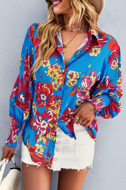 Rouched sleeve printed button down