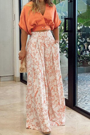 V-Neck Short Shirt Top Printed Wide Leg Pants Set