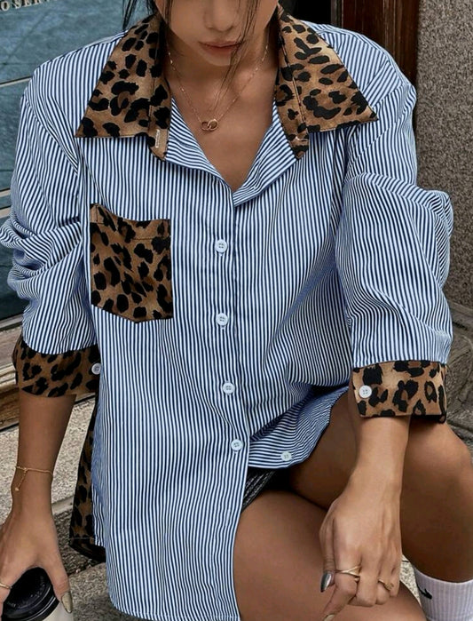 Stripe leopard block shirt