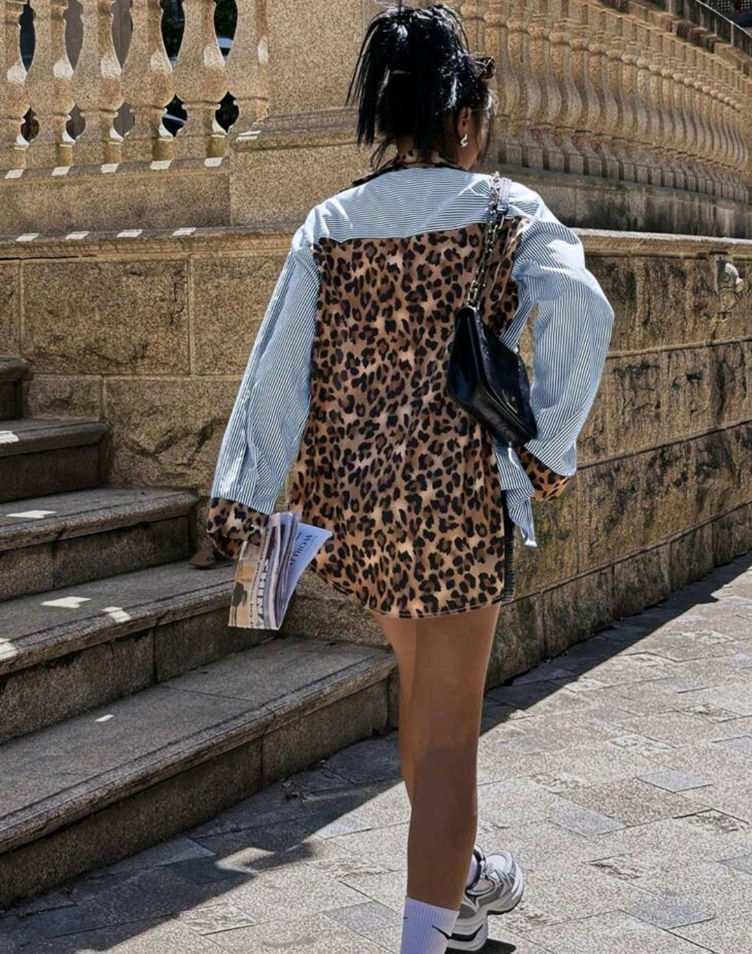 Stripe leopard block shirt