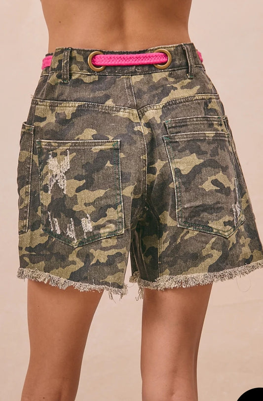 Camo denim shorts