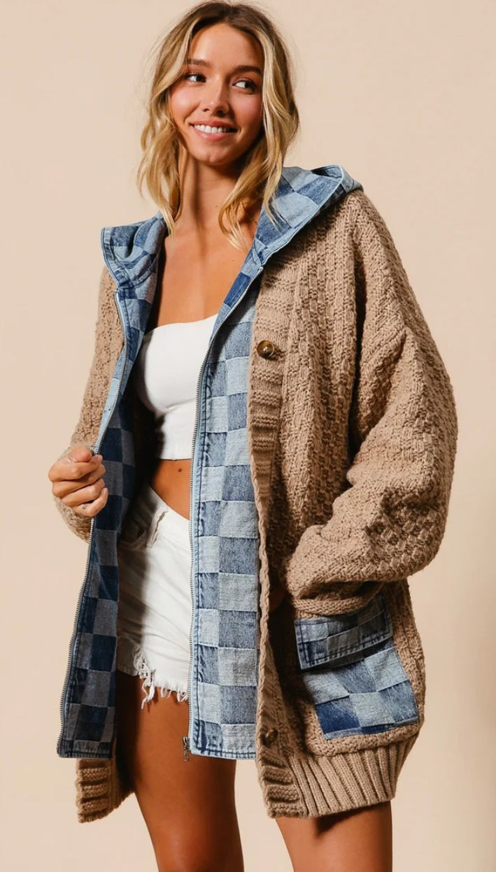 Washed checker denim zip up sweater cardigan