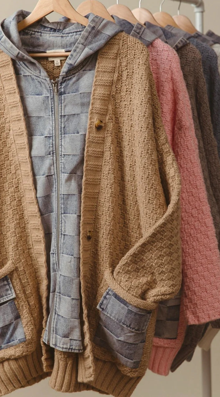 Washed checker denim zip up sweater cardigan