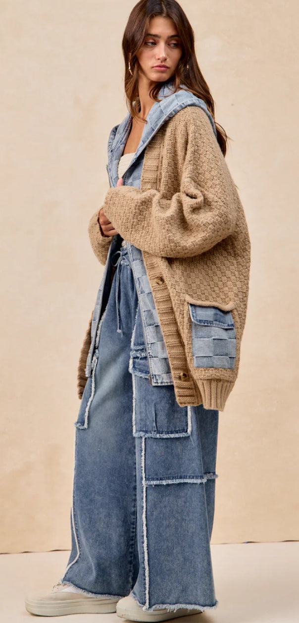 Washed checker denim zip up sweater cardigan