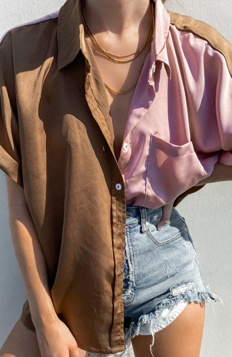 Satin two-tone button down shirt