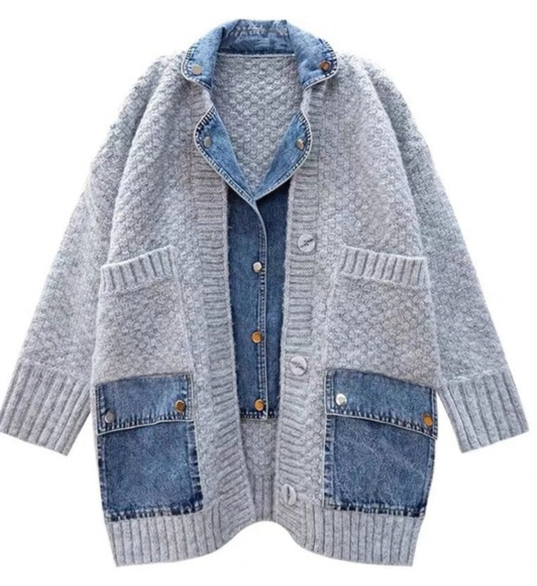 Knit cardigan with denim detail