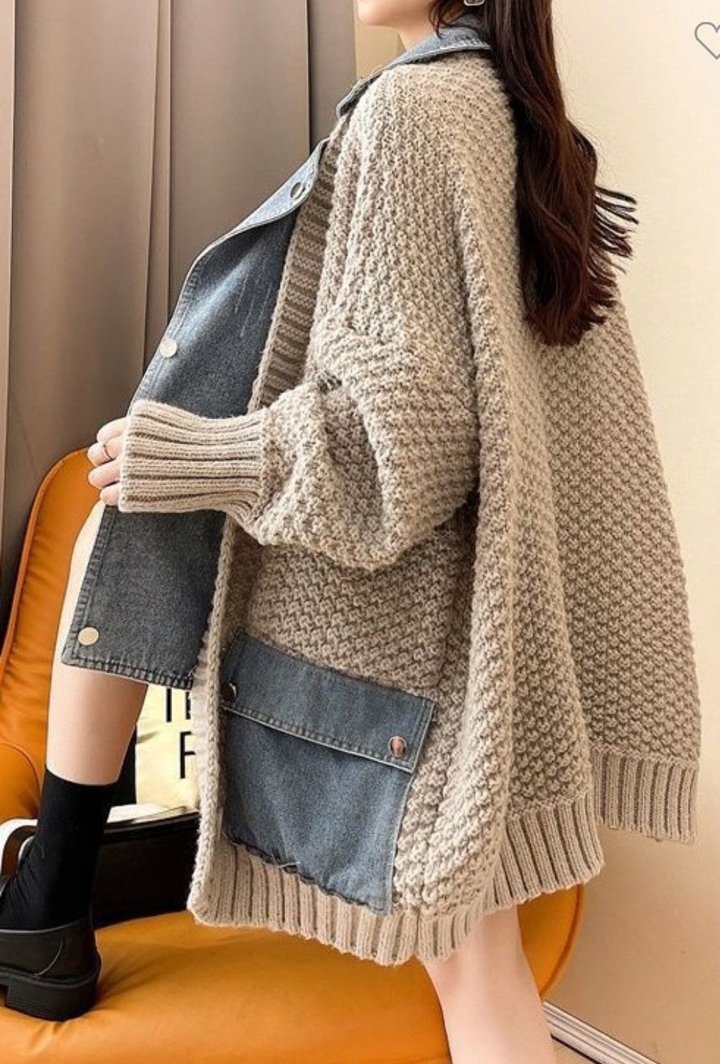 Knit cardigan with denim detail