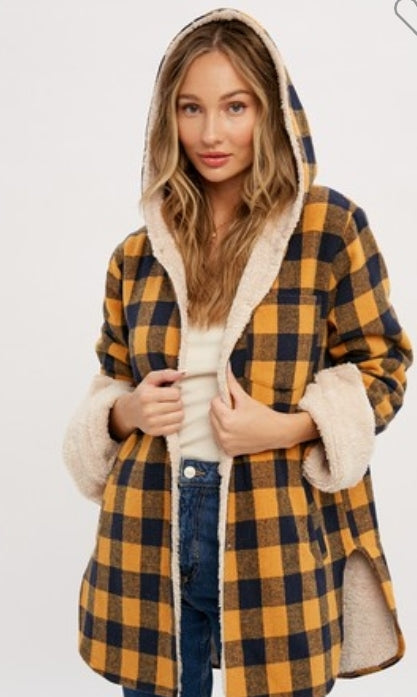 PLAID SHERPA LINED HOODIE LONGLINE JACKET