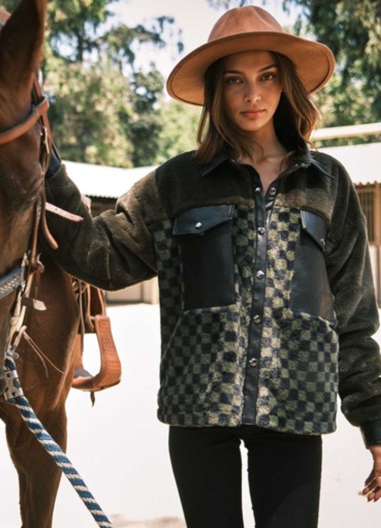 Checker faux fur leather jacket