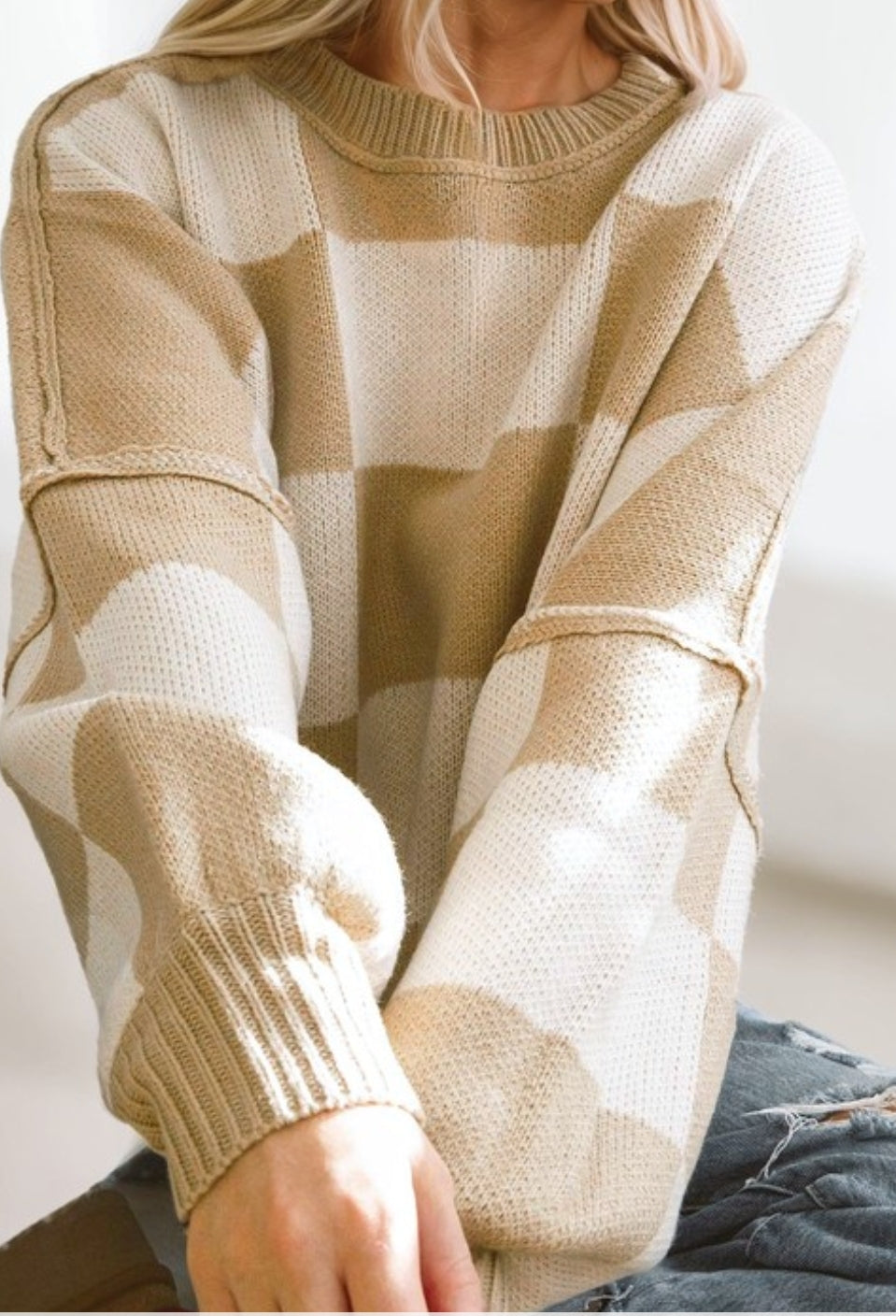 Checker bishop sleeve sweater