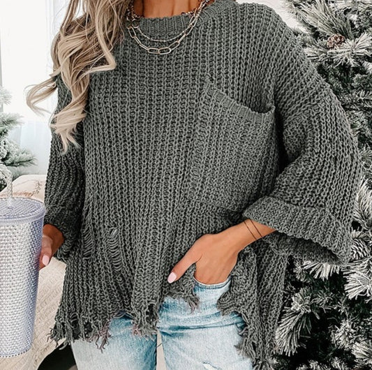 Distressed crop sleeve sweater