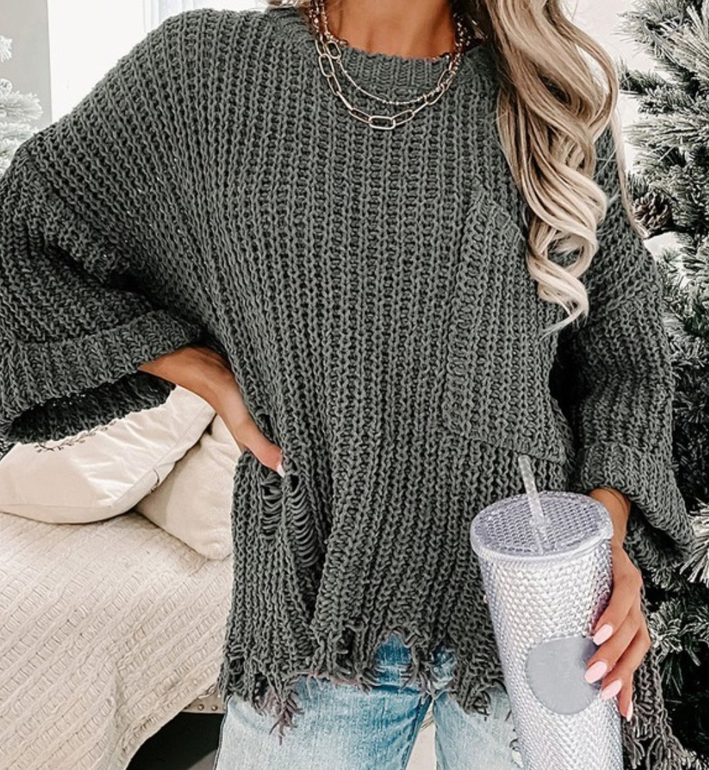 Distressed crop sleeve sweater