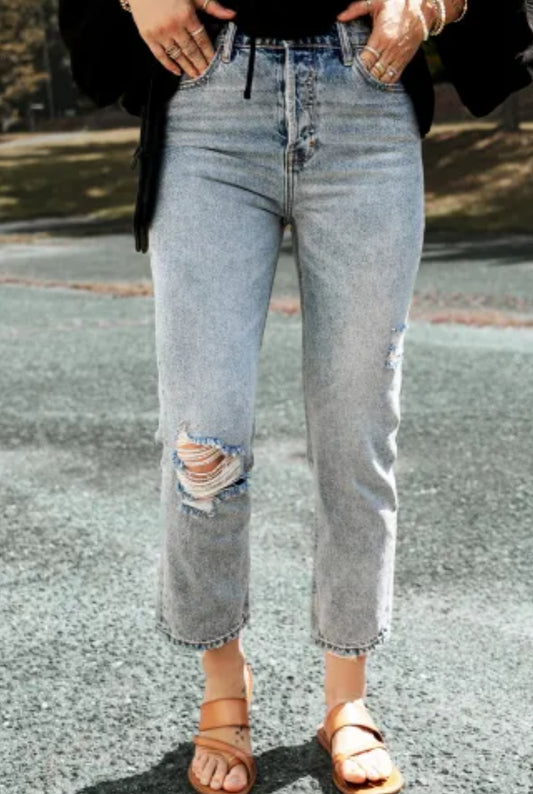 Acid washed straight leg crop jeans