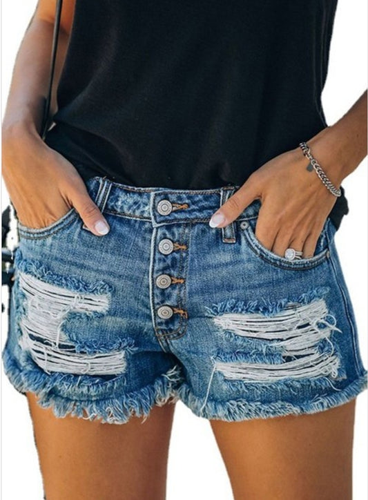 Distressed denim button fly shorts