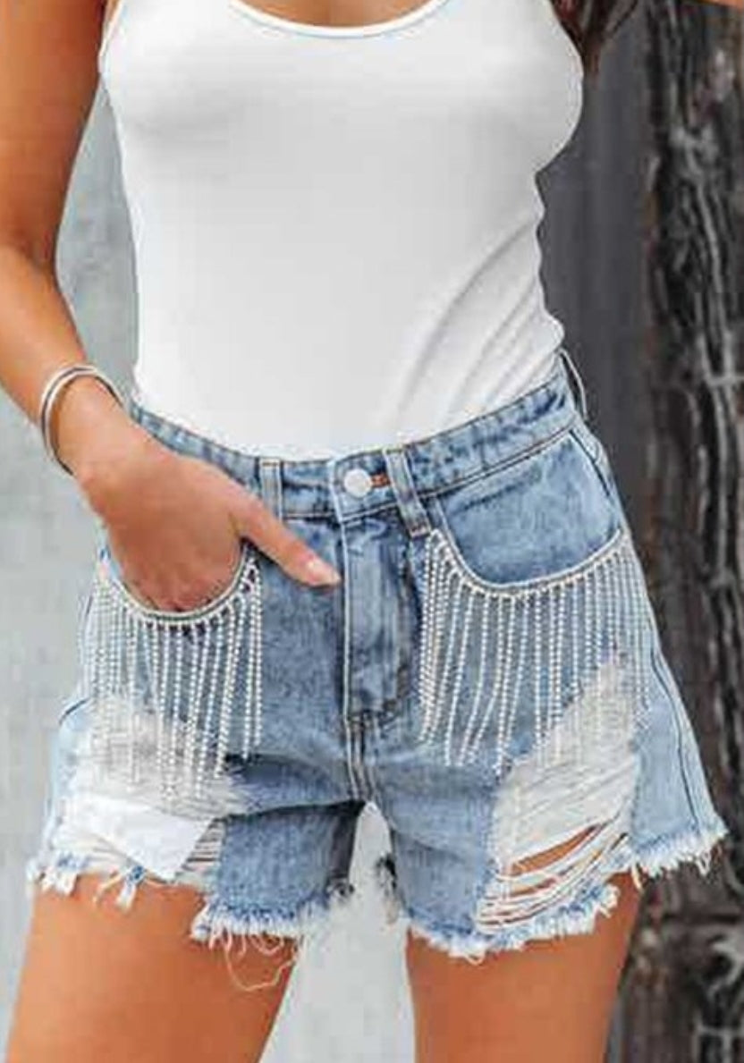 Bling fringe pocket denim shorts