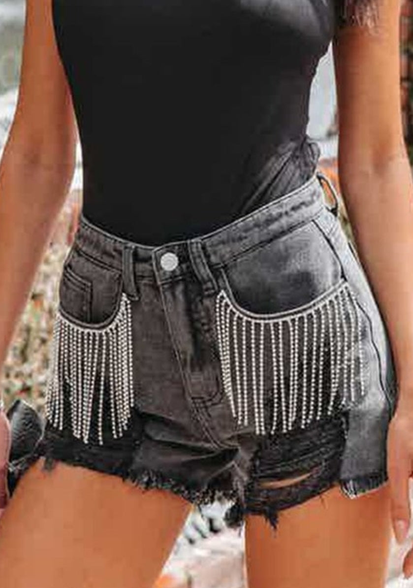 Bling fringe pocket denim shorts