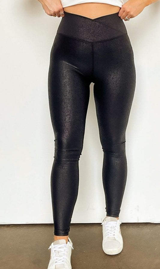 Crisscross waist faux leather leggings
