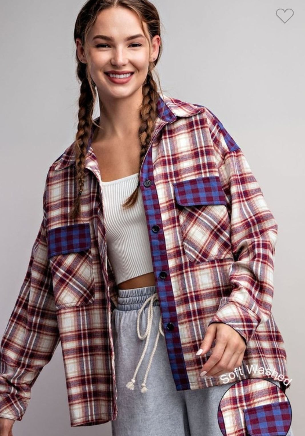 Colorblock contrast plaid button down shirt