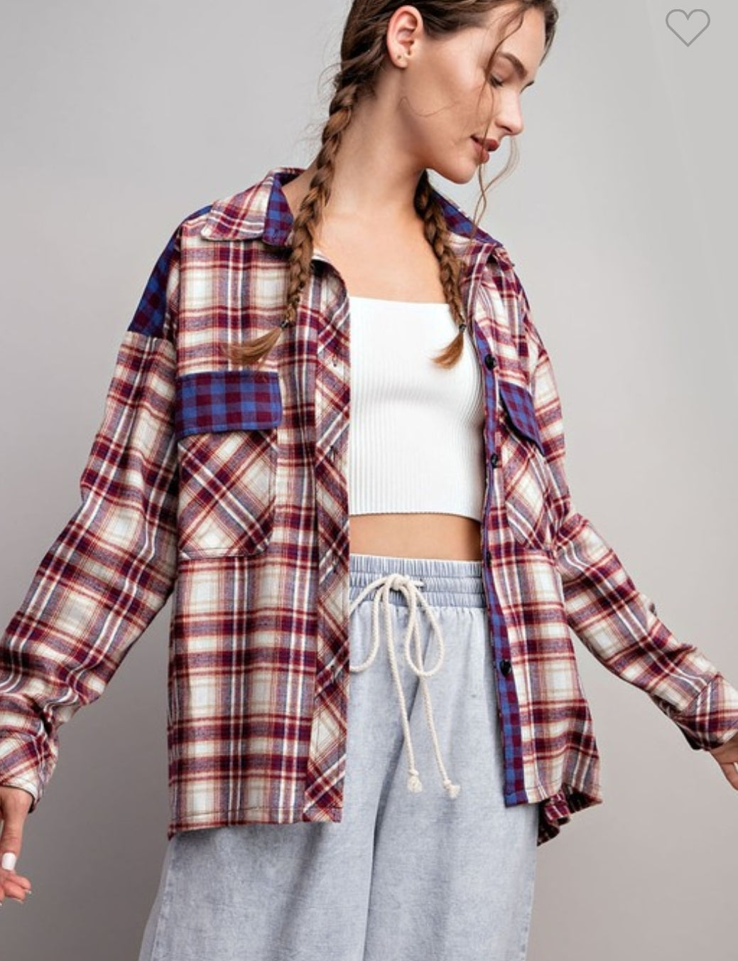 Colorblock contrast plaid button down shirt