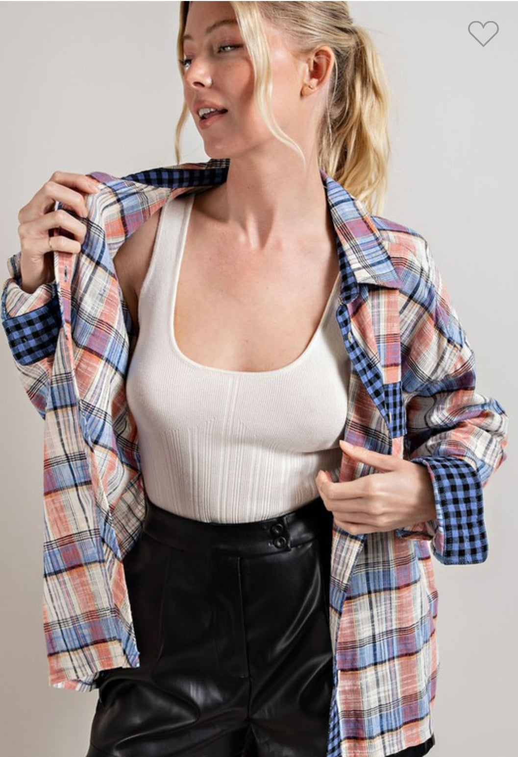 Colorblock contrast plaid button down shirt