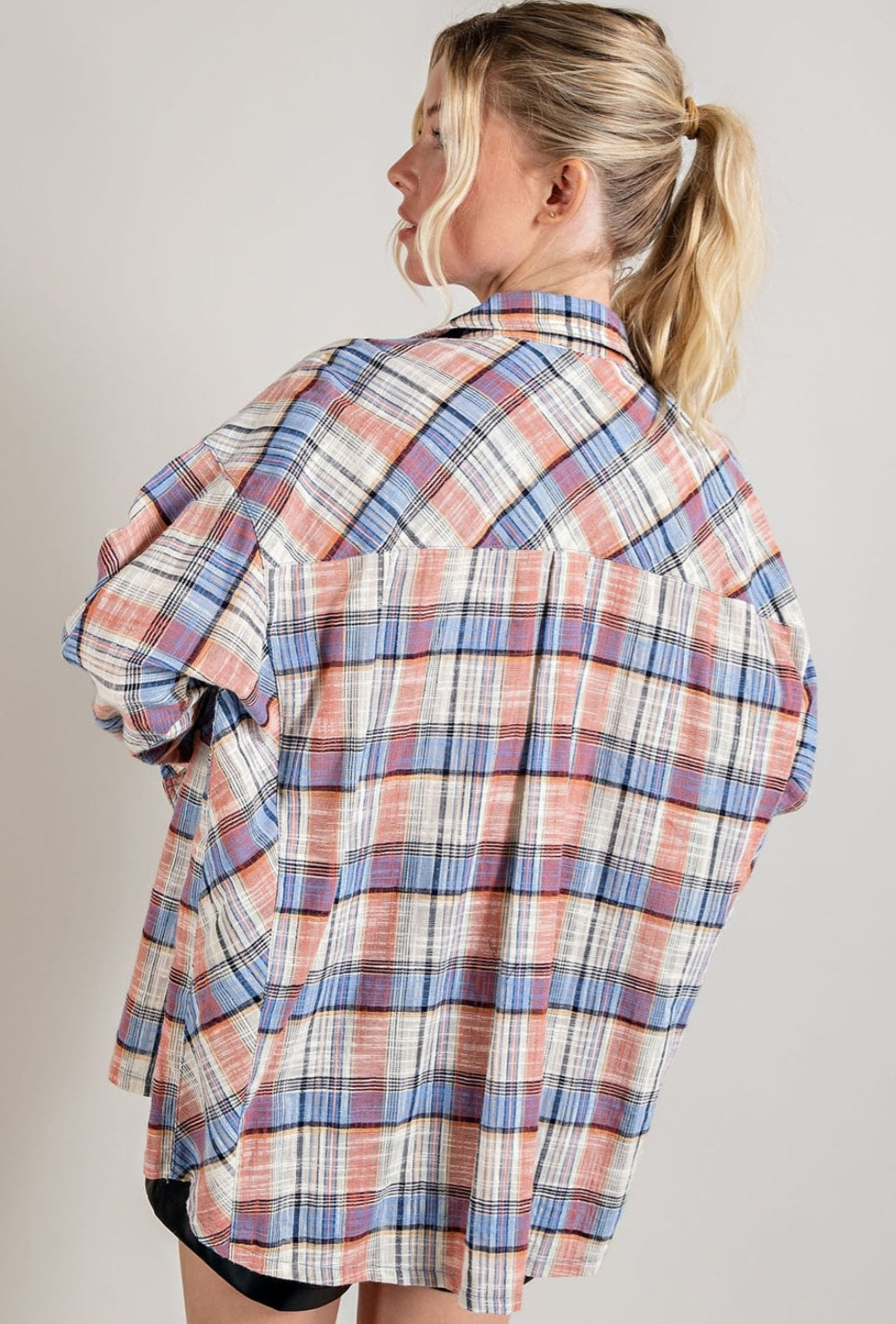 Colorblock contrast plaid button down shirt