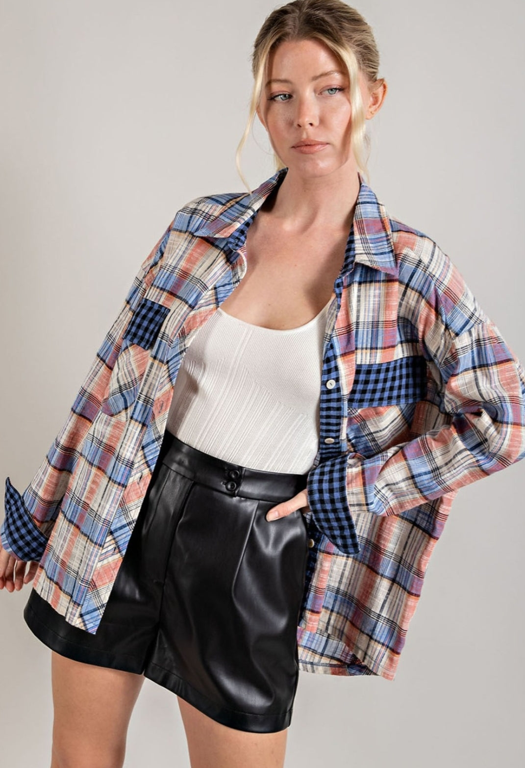 Colorblock contrast plaid button down shirt