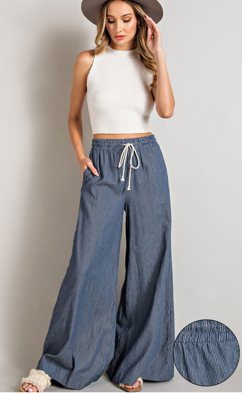 Washed pinstriped wide leg pants