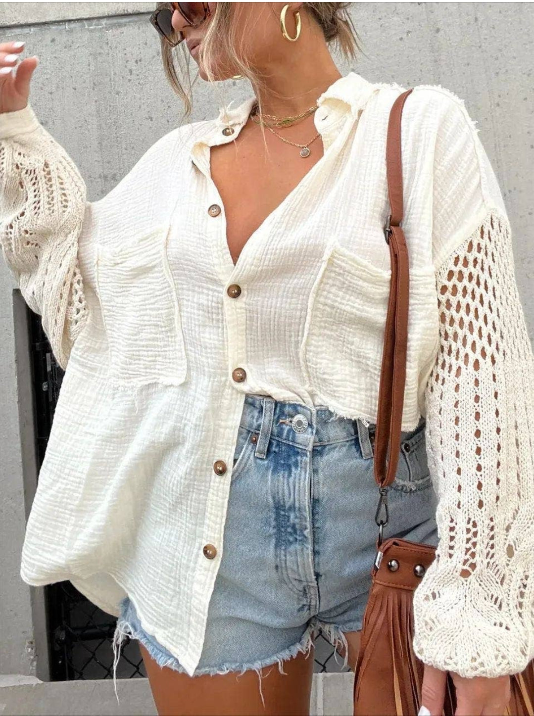 Crochet sleeve button down shirt