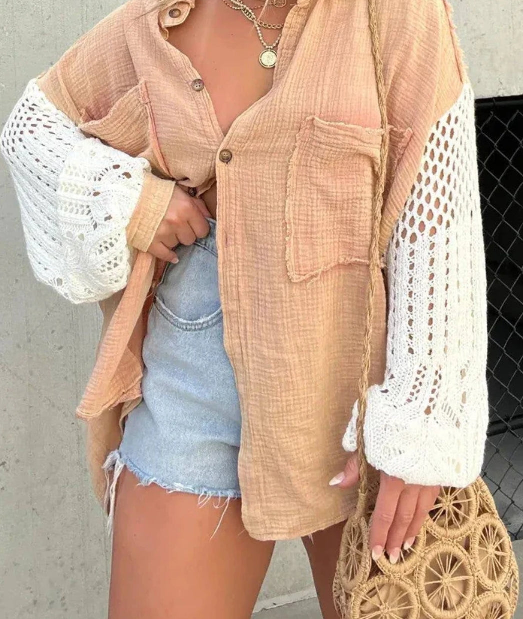 Crochet sleeve button down shirt