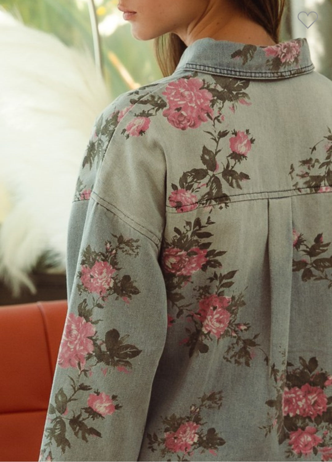 Floral print denim button up shirt