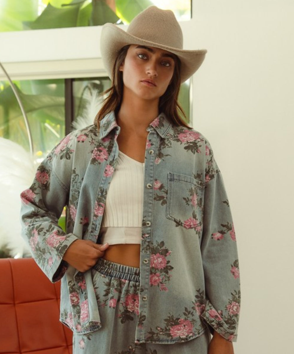 Floral print denim button up shirt
