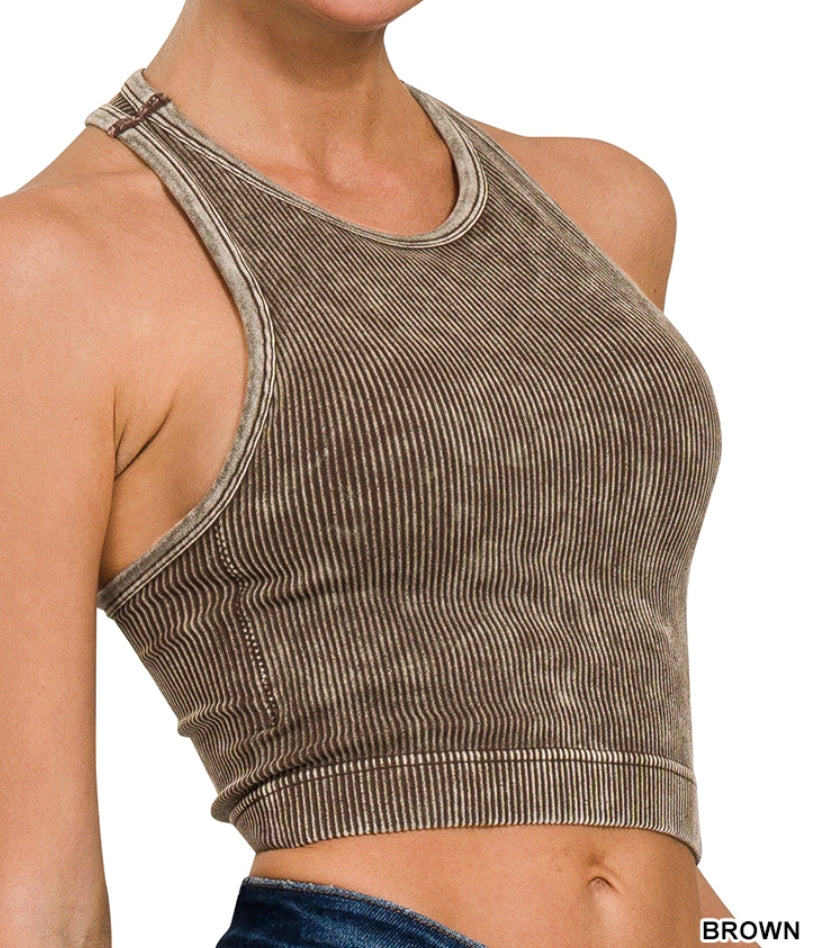 Washed ribbed padded cropped tank