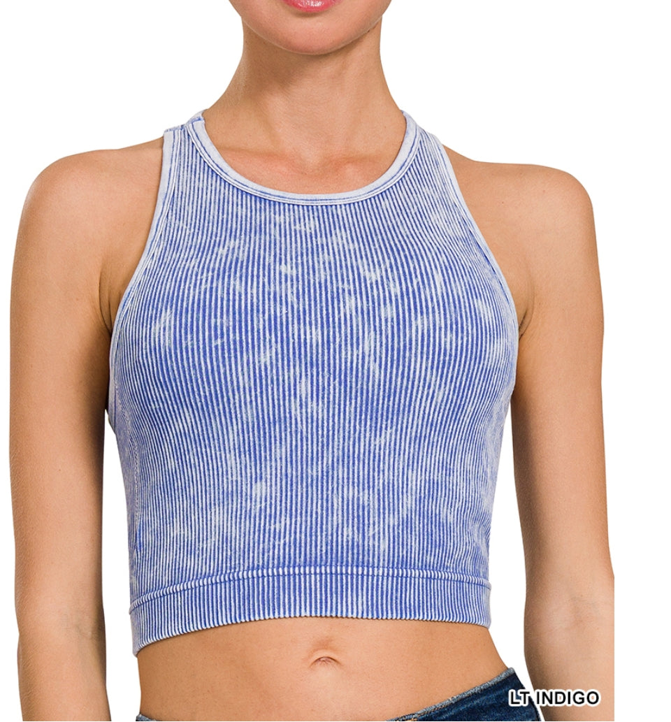 Washed ribbed padded cropped tank