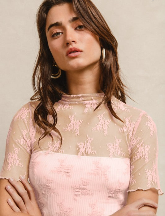 Floral lace mesh short sleeve shirt