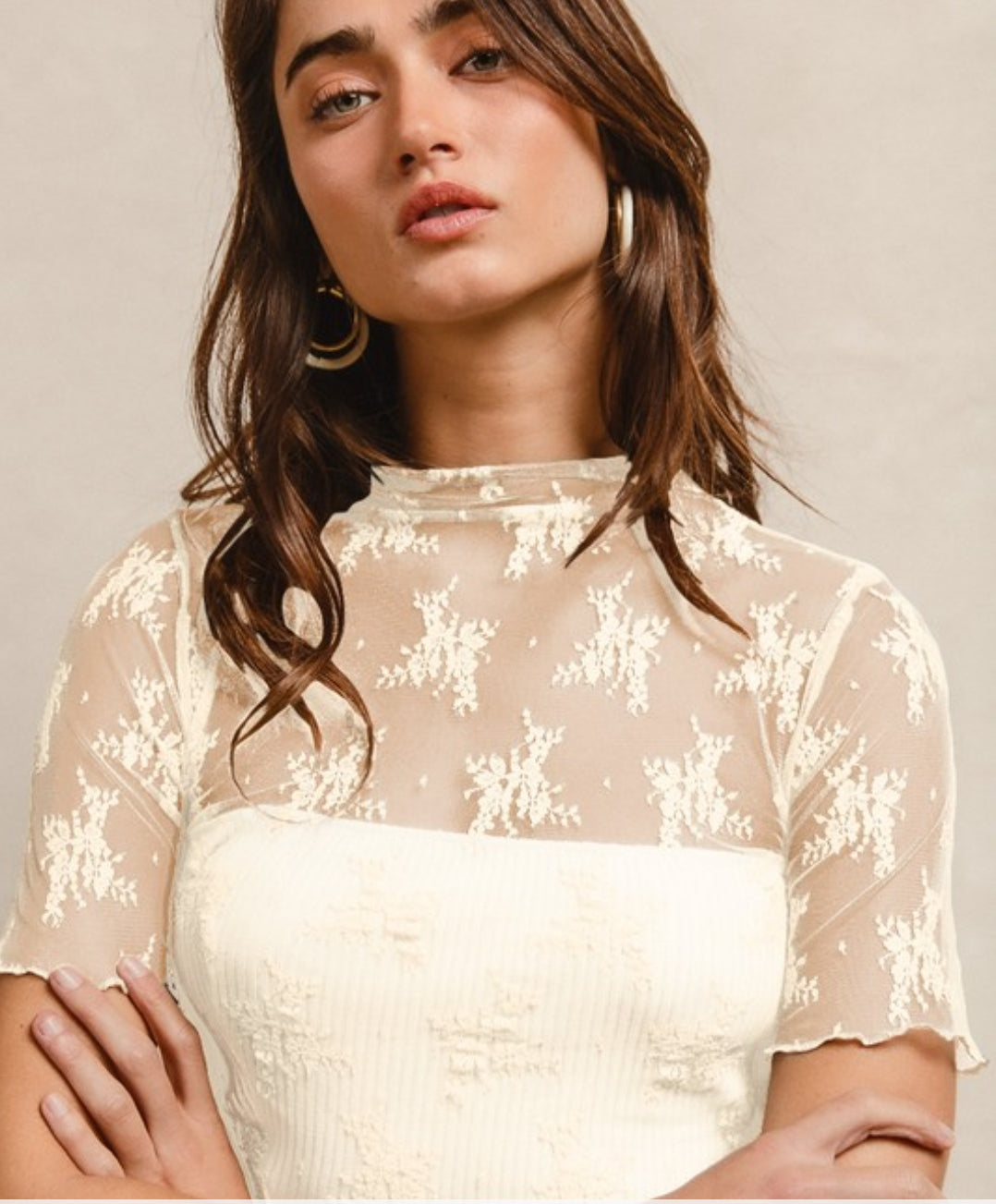 Floral lace mesh short sleeve shirt
